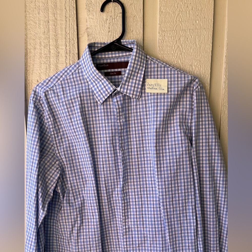 Perry Ellis Light Blue Plaid Men's Dress Shirt